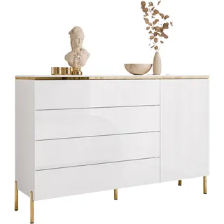 Kommode AURORA mit Schubladen weiß glänzend auf Beinen mit gerade gold Chrom - Weiß, Gold