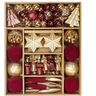 KI Store 72 Stuck Weihnachtskugeln rot Gold Champagner Set Kunststoff Weihnachtsschmuck samt Weihnachtsdeko Plastik, christbaumskugeln groß 9cm zapfen