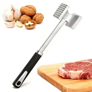 Fleischklopfer aus Edelstahl, Doppelseitig Fleischhammer mit Noppen und Glatter Fläche, Rutschfestem Griff, Zartmacherhammer für Steak, Schnitzel, Rindfleisch, Huhn