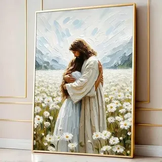 Jesus umarmt Mädchen, Leinwand-Poster, christliche Kunst, ästhetische Malerei, minimalistisches Wandkunstbild für Wohnzimmerdekoration (70 x 100 cm/Leinwandumschlag)