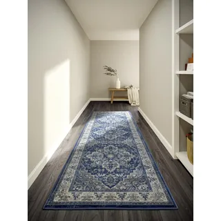 Villeroy & Boch Kurzflor Teppich Jehanne - Klassischer Wohnzimmerteppich - Traditioneller Teppich für Wohnzimmer, Schlafzimmer, Esszimmer, Flur, Küche – Blau Creme, 80x240cm