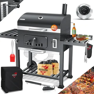 KESSER® Grill Grillwagen XXL Holzkohlegrill mit Deckel, Rädern, Edelstahl-Griff, Grillrost und Thermometer Holzkohle kohlegrill Wagen groß Kohle BBQ Barbeque Camping, Terrasse, Garten