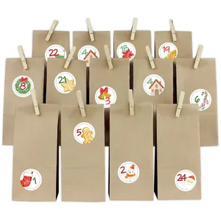 Adventskalender Set Weihnachtstiere Rund mit Papiertüten und Holzklammern Y067