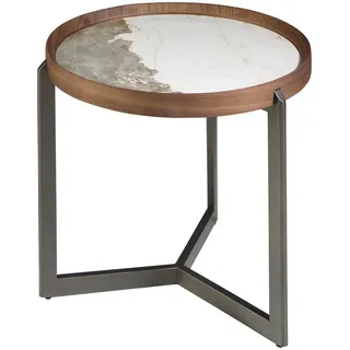 Angel Cerda Ecktisch Runder Couchtisch aus Porzellanmarmor, Walnuss und dunklem Metallstahl Ø62/56 cm , Weiß, Grau, Walnussfarben , Holz , 62x56x62 cm , Wohnzimmer, Wohnzimmertische, Couchtische