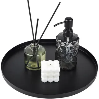 EXLECO Rund Deko Tablett Schwarz Servierplatte Dekotablett Edelstahl φ32cm | Serviertablett Kerzentablett Ablageschale, Metall Tablett, Bad Schmuck Organizer, Buffet Teller für Kosmetik, Dessert, Kerzen