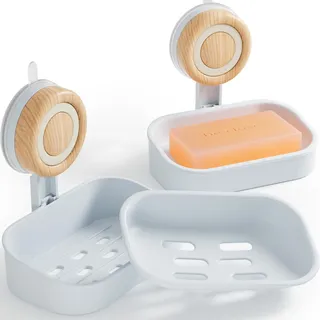 Seifenschale mit Ablauf, 2 Stück - Doppelstöckiger Seifenhalter mit Saugnapf, Wandmontage & Bohrfrei, Selbstentwässernde Seifenschale für Dusche, Badezimmer und Küchenspüle (Weiß)