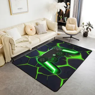Homewish Gamer Flächenteppich 100x150 Gaming Carpet für Kinder Jungen Teenager,Grün Dunkelblau Waben Teppich Wohnzimmer Sechseckiger Bienenstock Videospiel Gamepad Rug Stilvoll Raumdekor Pflegeleicht
