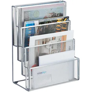 Relaxdays Zeitschriftenhalter Metall, 4 Fächer, Dokumentenablage Büro, HBT: 43x33x18 cm, Magazinhalter, Briefe, Silber