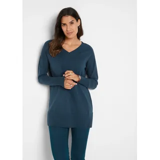 Longpullover BONPRIX "Long-Pullover", Damen, Gr. 52/54 (XXL), blau (dunkelblau), Feinripp, Obermaterial: 70% Baumwolle, 30% Polyamid, unifarben, loose fit Po-bedeckend, V-Ausschnitt, Strickbündchen, Pullover Longpullover, Feinstrick-Baumwollmischung, mit V-Ausschnitt, mit Seitenschlitzen