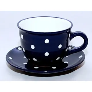UNGARNIKAT Keramik Teetasse Kaffeebecher mit Untertasse 350ml – Blau mit weißen Punkten – Handgemacht & Spülmaschinengeeignet – Vintage Landhausstil – Tasse für Kaffee, Tee, Cappuccino