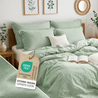 Blumtal Bettwäsche 155x220cm Sommer 2teilig mit Kissenbezug 40x80cm - Bettbezug leinenartige Baumwolle, ähnlich wie Bettwäsche Leinen - Oeko-TEX zert. Stone Washed Bettbezug Sommergrün