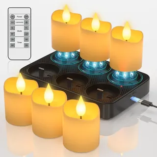 SoulBay LED Teelichter Wiederaufladbar mit Timer, 6 Stück Aufladbare Teelichter mit Ladestation Fernbedienung, Elektrische Kerzen Flackernd für Zimmer Wohnzimmer Silvester Halloween Weihnachten Deko