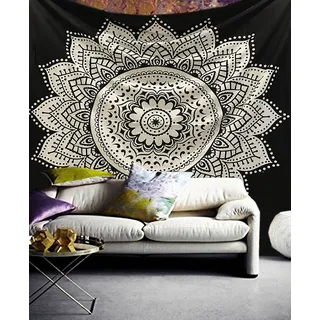 raajsee Indisch Wandteppich Mandala Baumwolle/Indien Wandbehang Schwarz Weiß Lotus Mandala groß Hippie Bohemian psychedelic Ombre Wand Tuch/Yoga Meditation rugs (Lotus Mandala, 140 x 210 cm Twin)