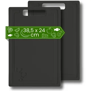 Schneidebrett Kunststoff (2er Set - 38,5 x 24 cm Groß - Schwarz) - Spülmaschinenfest - Schneidebretter Rutschfest - Küchenbrett mit Anti-Rutsch - Schneidbrett mit Saftrille (Anthrazit / Graphit)