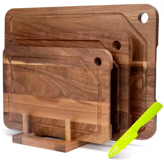Schneidebrett aus Akazienholz für die Küche, Holzbrett 3er Set mit Saftrille und Ständer, doppelseitiges Servierbrett mit Aufhängeloch für Fleisch, Gemüse und Käse.