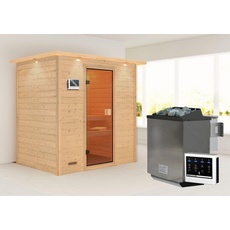 Bild Sauna Sonja mit bronzierter Tür und Kranz Ofen 9 kW Bio externe Strg«, beige