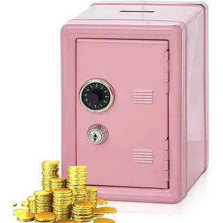 Spardose Tresor, Sparschwein mit Geldeinwurfschlitz, Mini Safe Tresor, Metall Piggy Bank, Spardosen mit 2 Schlüssel, Geldsparbox, H: 18cm L: 12cm B: 9,5cm, Sparkasse für Geldbox, Sparen (Pink)