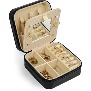 HomeGadget Reise Schmuckkästchen mit Spiegel - Schmuck Box aus PU Leder mit Reißverschluss - Jewelry Organizer - Schwarz