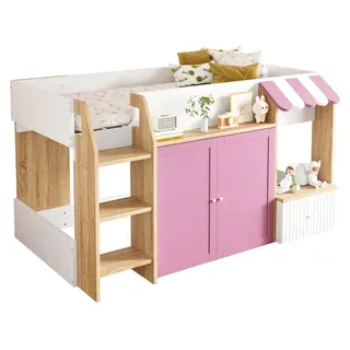 Kinder-Halbhochbett - 90 x 200 cm - Kletterleiter - Offener Stauraum - Massivholz - Rosa - Rosa