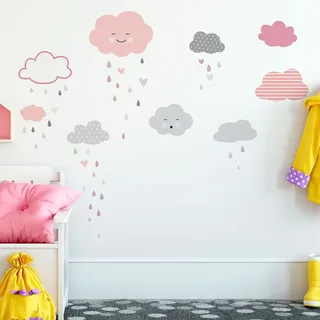 Wandsticker Kinder - Deko Babyzimmer - Wandsticker Kinder - Wandtattoo skandinavisch - Wandsticker Wolken bei Herzen - H180 x L 120 cm