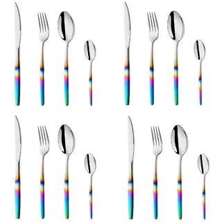 BISDARUN Edelstahl-Besteck regenbogenfarbener Griff 4 Personen Besteck-Set 16-teilig umweltfreundliches Besteckservice für 4 Set für Party, Outdoor, Camping, Reisen Spülmaschinenfest
