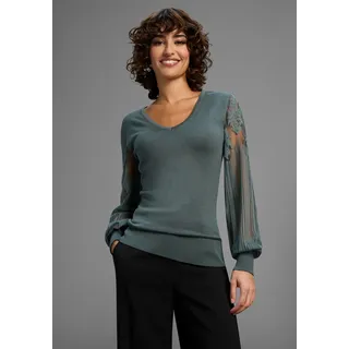 V-Ausschnitt-Pullover MELROSE, Damen, Gr. 42, grün (grün mélange), Feinstrick, Obermaterial: 70% Viskose, 30% Polyamid. Spitze: 100% Polyamid, unifarben, figurbetont hüftbedeckend, tiefer V-Ausschnitt, weit Rippstrickbündchen, Pullover V-Ausschnitt-Pullover, Feinstrickpullover mit Ärmeln aus hochwertiger Spitze, Topseller