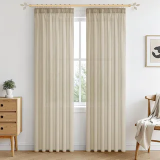 MRTREES Gardinen Beige Kurz mit Gräuselband 200x140cm (HXB) Vorhänge Boho Transparent für Schlafzimmer 2er Set Vorhang Makramee Modern für Küche, Store, Kinderzimmer