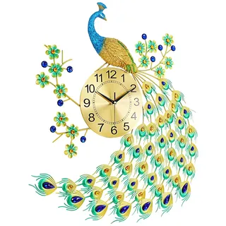 WYmaioyis Wanduhr Pfau Groß 70cm, 3D Metall Design mit Funkelnden Kristallen, Geräuschloses Uhrwerk ohne Ticken Digitale Wanduhren Moderne Wandkunst Dekoration für Wohnzimmer & Schlafzimmer