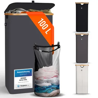 HENNEZ 100L Wäschekorb mit Deckel Grau, Herausnehmbarer Wäschesack Wäschesammler Schmal - Wäschebox Waschekorbsammler Wäschesortierer - Wäschetruhe, laundry baskets Wäsche Korb