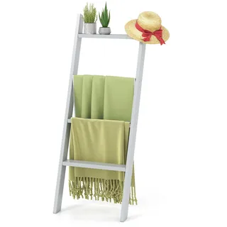 FANTASK 4 Stufiges Leiterregal, 128cm, Handtuchständer mit Deckenhalterung, Handtuchleiter Wandmontage, belastbar bis 50 kg pro Stufe für Badezimmer, Schlafzimmer (Grau)