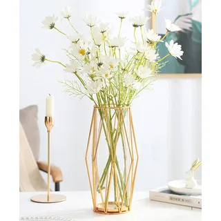 FSyueyun Goldfarbene Blumenvasen-Dekorationen für Wohnzimmer, Glasvase mit Metallhalter, Moderne große Vasen für Blumen als Hochzeit, Zuhause, Büro, Tafelaufsatz (28 cm)