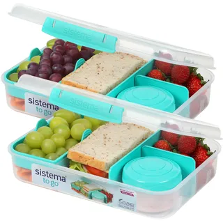 Sistema Bento Box Create Brotdose mit Fächern | 1,48 L Lunchbox mit Joghurt- /Fruchtbehälter | Lunchbox Kinder & Erwachsene | Blaugrün | 2 Stück
