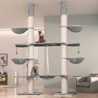 HAPPYPET Kratzbaum Verbindungs-Set mit Spielseil & Liegemulde – Ersatzteil aus Multiplex-Holz, Ideal zur Erweiterung von Katzenkratzbäumen - Grau