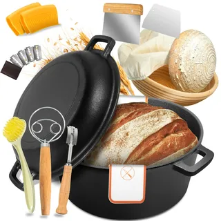 W&H Gusseisen Topf Brot Backen, 26cm Brotbackform mit Deckel Inkl Gärkorb und Teigschaber,5L Vorgewürzter Dutch Oven Topf zum Braten, Backen, Schmoren, Grillen