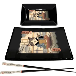 Vincent Trinidad Sushi-Set mit Keramik-Sushi-Platte, Dip-Tablett und lackierten Essstäbchen aus Holz (Neko-Katzen-Design) – Offizielles Merchandise, GP85783