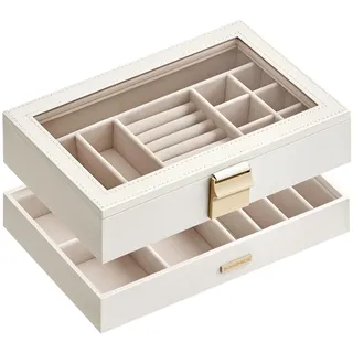 SONGMICS Schmuckkästchen 2 Ebenen, Schmucktablett stapelbar, Schmuckkasten groß, Schmuckbox mit Glasdeckel, 17 x 28 x 8,8 cm, Schmuckeinsatz für Schubladen, Geschenkidee, weiß JBC192W01
