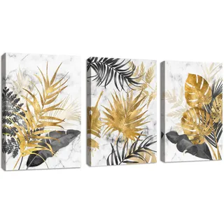 3 Teilig Leinwandbilder Bilder mit Rahmen Abstrakt Grau Gold Blätter bild auf leinwand Wandkunst Modern Wandbilder Kunstdruck Deko für Wohnzimmer Schlafzimmer fertig zum Aufhängen 150x70cm(50x70x3)
