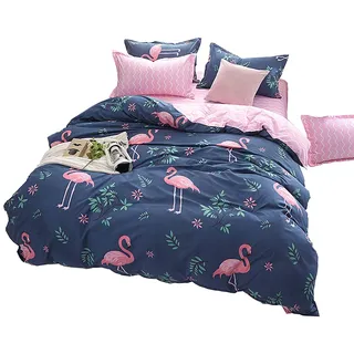 Loussiesd Kinder Betten Set Rosa Flamingo Bettwäsche Set Weiche Microfaser Reversible Blau und Rosa Blumen Flamingo Bettbezug mit 1 Kissenbezug 2 teilig 135x200 cm + 80x80 cm Jungen Mädchen