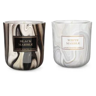 Dekohelden24 Duftkerze/Windlicht/Kerze im Glas - 2 Fach Sortiert/Duftrichtung White Marble und Black Marble, L/B/H 8,5 x 8 x 8,5 cm, 150g