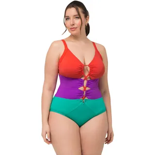 Ulla Popken Damen große Größen Übergrößen Plus Size Badeanzug, Colorblocking, Softcups, Aussparungen, recycelt 826476