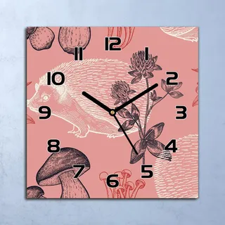 Wanduhr Echt-Glas-Küchenuhr Pilze mit Igel Quarz Lautlos 30x30 Deko Bilder - Rosa