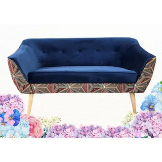 GUTTO 2 Sitzer Sofa im skandinavischen Stil Holzbeine Geometrischer Muster mit einfarbigem Samt - Blau, Bunt