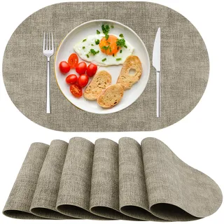 Platzsets Abwaschbar Tischsets 6er Set PU-Leder, Hitzebeständig, rutschfest, Platzset für Esstisch, Küche Oval Beige