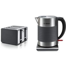 Bosch 4-Schlitz Toaster TAT7S45, mit Abschaltautomatik, 1800 W, Edelstahl/schwarz & kabelloser Wasserkocher, Abschaltautomatik, Überhitzungsschutz, Dampfstopp-Automatik, 1,7 L, 2200 W, schwarz/grau