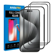 Arktis Glas-Displayschutz kompatibel mit iPhone 15 Pro (6,1"), Schutzglas [3D Full Cover] Rahmen aus widerstandsfähigem Harz, hüllenfreundlich, blasenfrei, mit Aufbringhilfe (1)