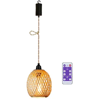 Boho Rattan Hängelampe mit Batterie Batteriebetriebene Lampe Bambus Korb Lampenschirm Deckenleuchte ohne Strom Stromanschluss Hanfseil Beleuchtung für Schlafzimmer Esstisch Weihnachten Deko