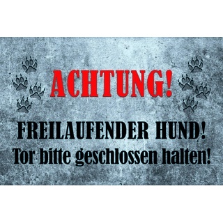 Schatzmix Blechschild Achtung! Freilaufender Hund! Silber Warnschild Metallschild Wanddeko 20x30 tin Sign