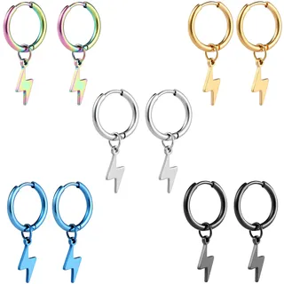 Epoch World 5 Paare Titan Edelstahl Creolen Gold Ohrringe für Herren Damen, Ohrringe Damen Silber Set, Schwarz Männer Ohrringe Blitz Herren Hängend Piercing