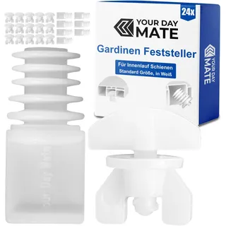 Gardinen Feststeller Set, 24 Stück, in Weiß, aus Kunststoff, 2 Varianten, Gardine Stopper für Schienensysteme mit Innenläufen, Zwischenfeststeller Vorhangschiene, Endstopfen Schiene, Endfeststeller
