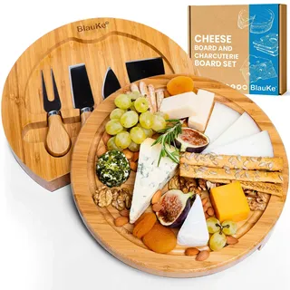 Bambus Käsebrett mit Käsemesser Set – 25cm Rund Servierplatte aus Holz für Käse und Häppchen – Cheese Board Charcuterie Board – Drehplatte Servierbrett aus Holz Käseplatte Drehbar – Geschenke Idee